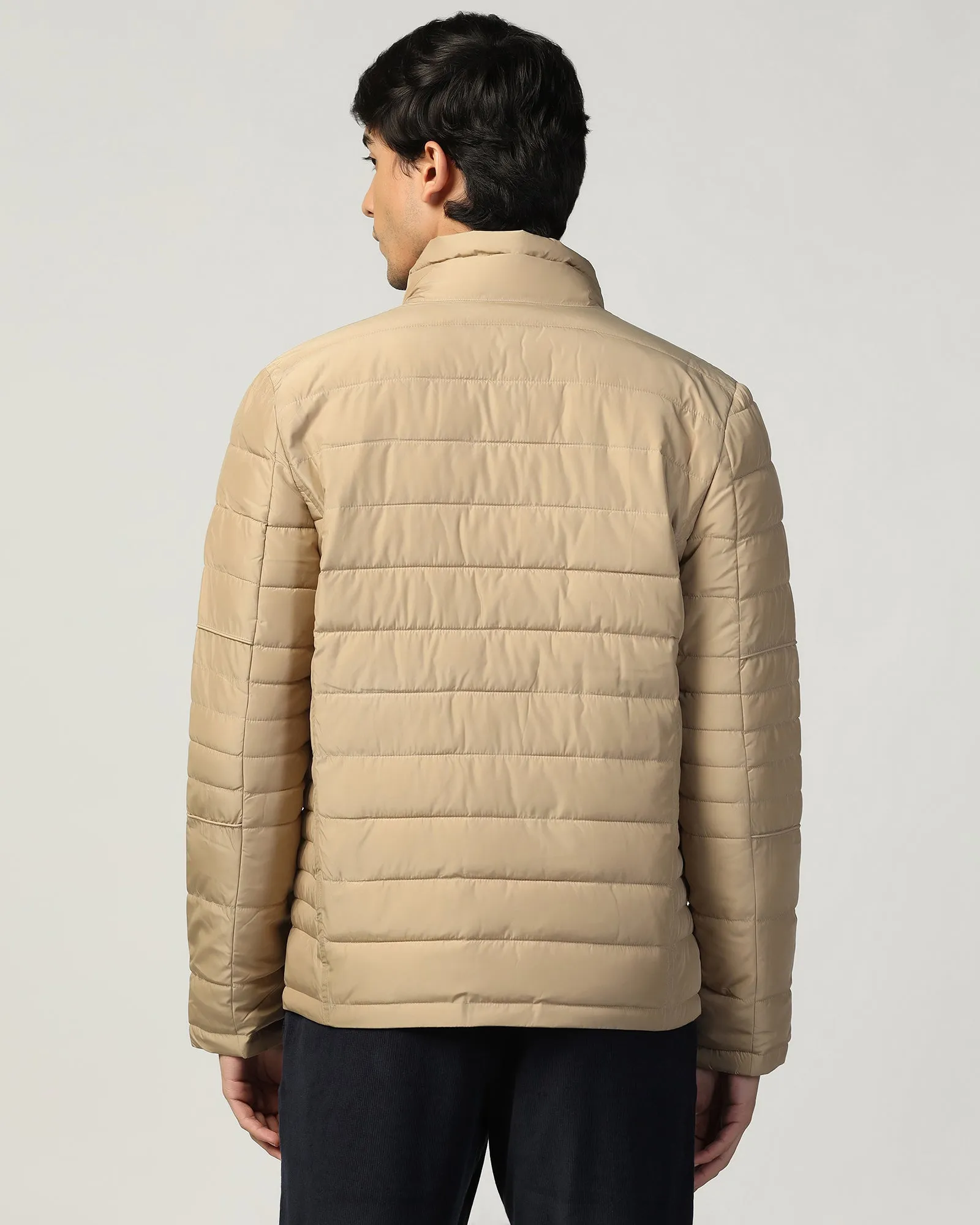 Formal Beige Solid Zipper Jacket - Caproni
