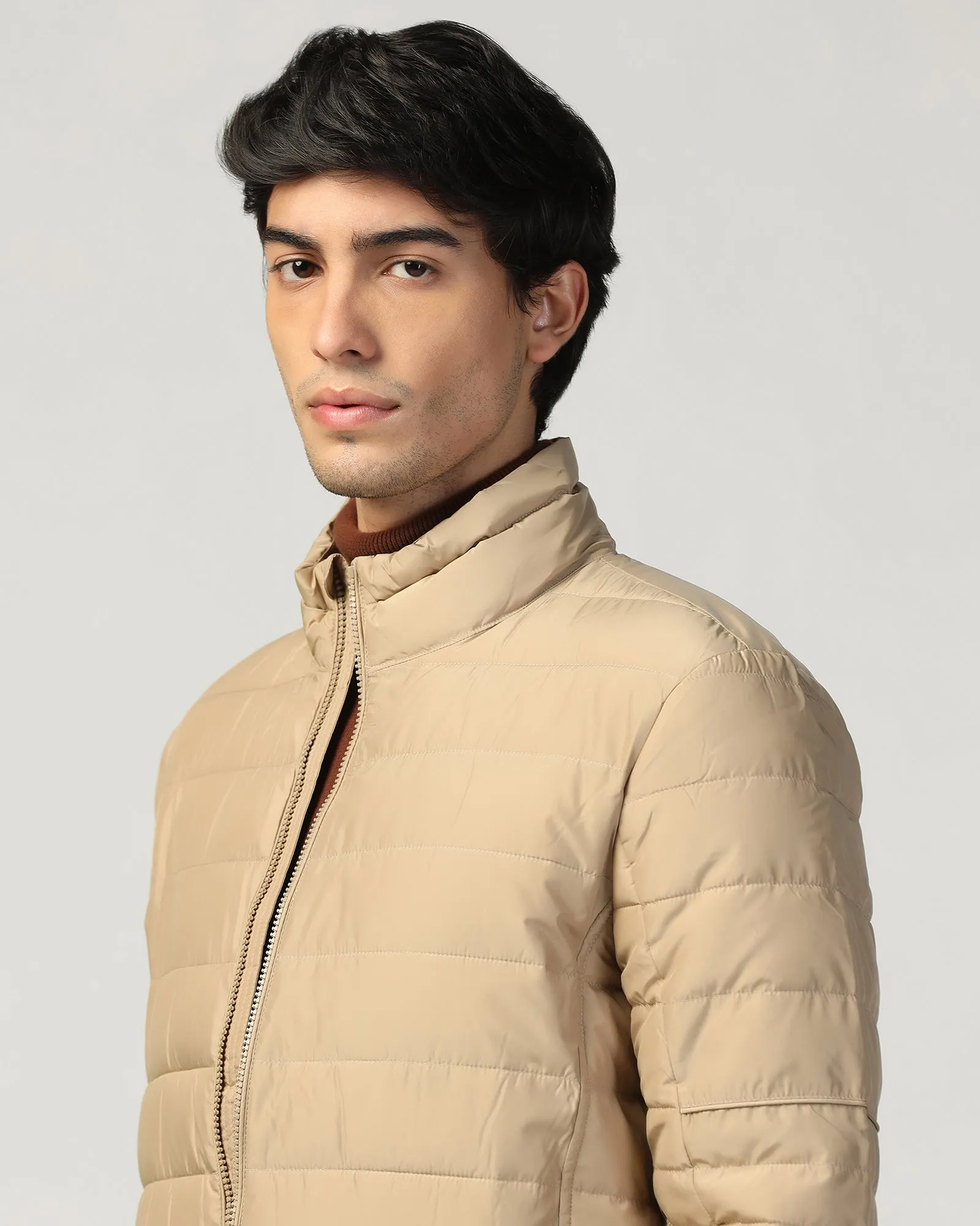 Formal Beige Solid Zipper Jacket - Caproni