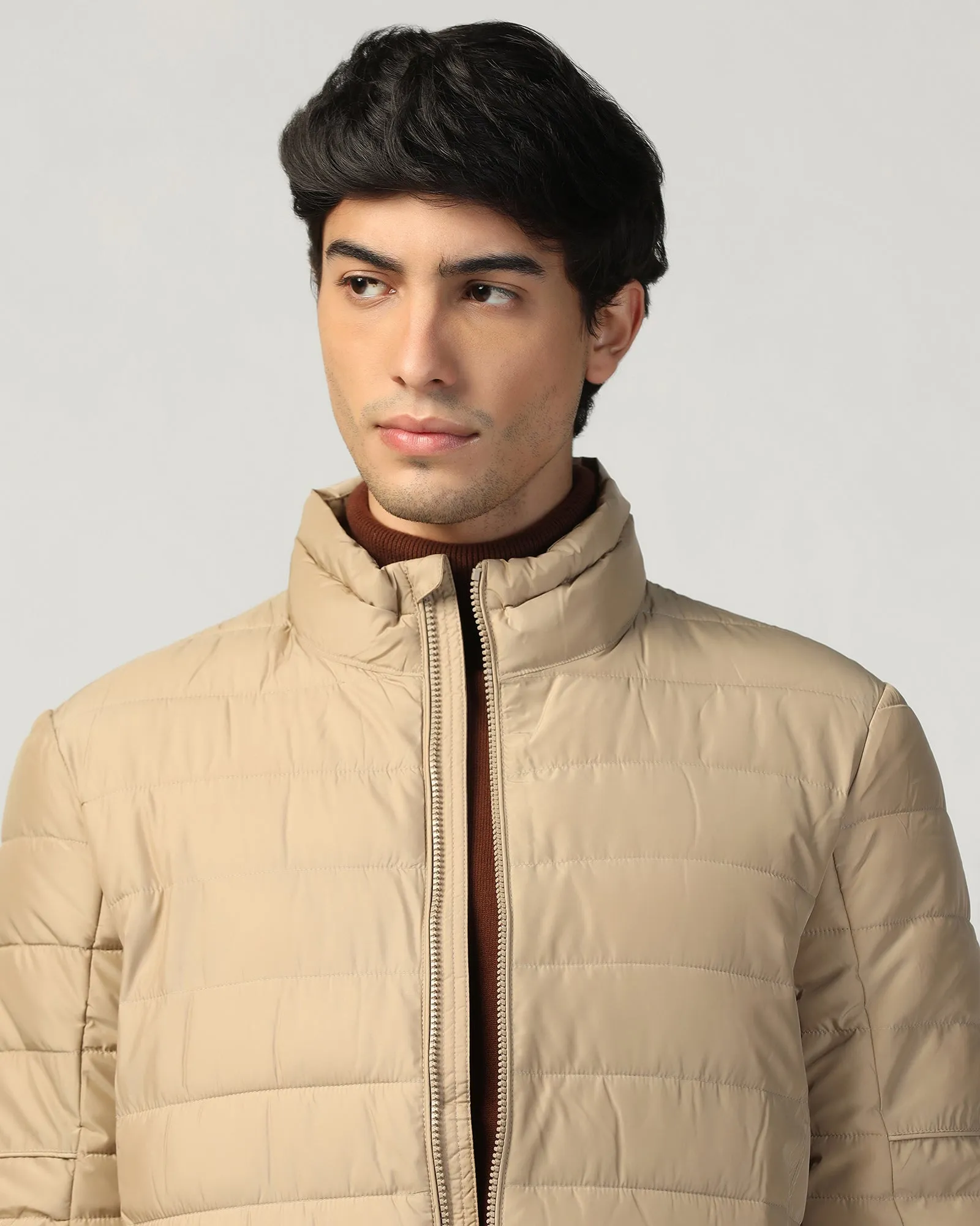 Formal Beige Solid Zipper Jacket - Caproni