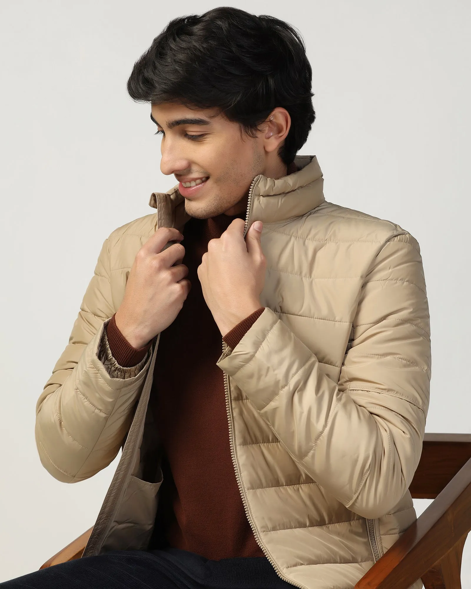 Formal Beige Solid Zipper Jacket - Caproni