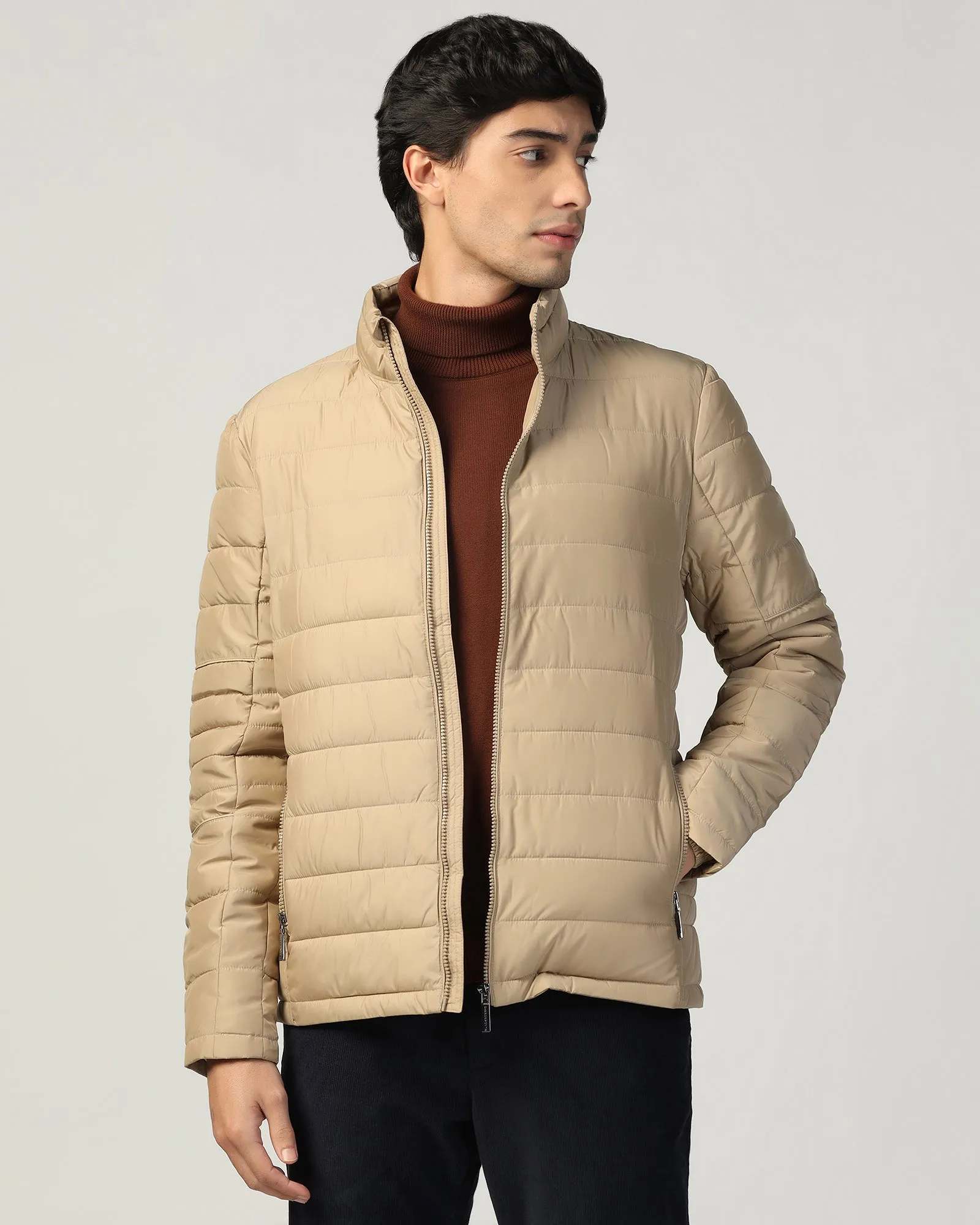Formal Beige Solid Zipper Jacket - Caproni