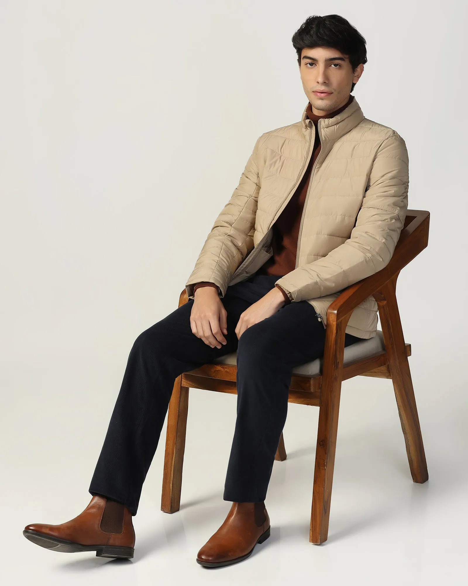 Formal Beige Solid Zipper Jacket - Caproni