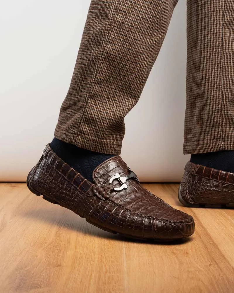 Marco Di Milano Parma Brown Caiman Belly Bit Driving Loafers