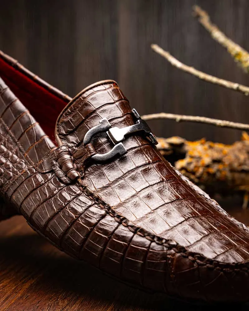 Marco Di Milano Parma Brown Caiman Belly Bit Driving Loafers