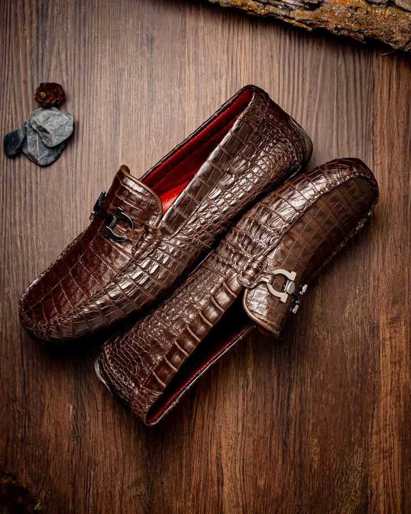 Marco Di Milano Parma Brown Caiman Belly Bit Driving Loafers