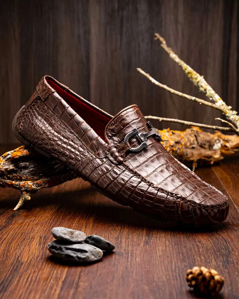 Marco Di Milano Parma Brown Caiman Belly Bit Driving Loafers