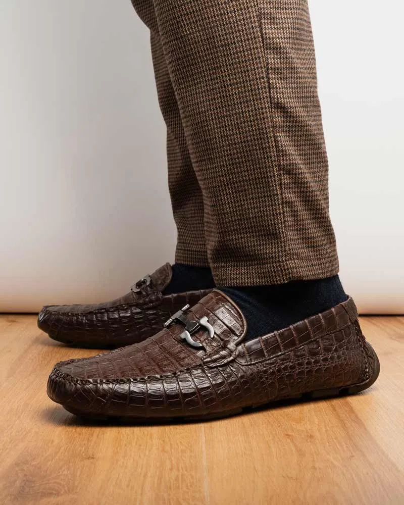 Marco Di Milano Parma Brown Caiman Belly Bit Driving Loafers