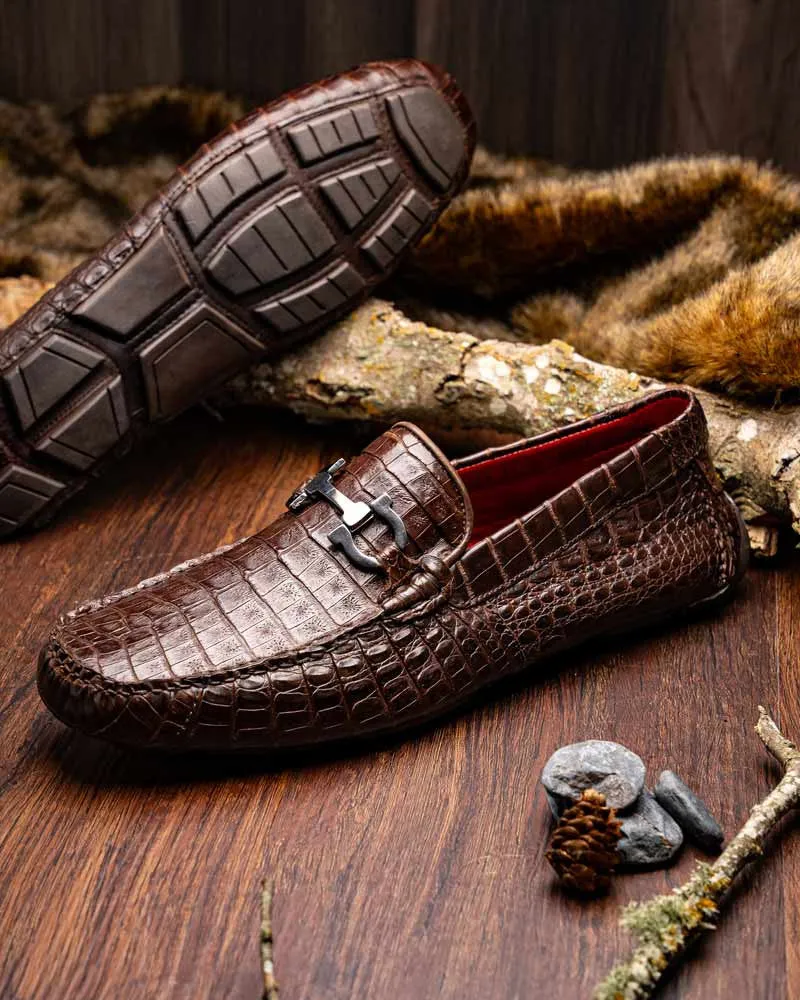 Marco Di Milano Parma Brown Caiman Belly Bit Driving Loafers