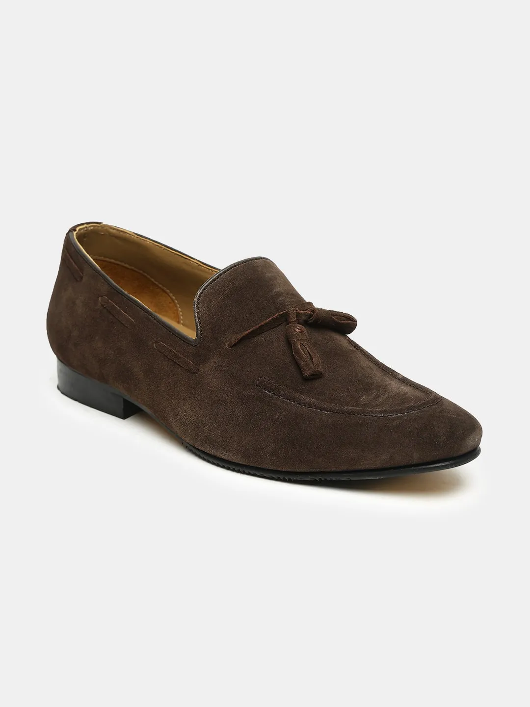 Men Brown Solid Suede Formal Slip-Ons