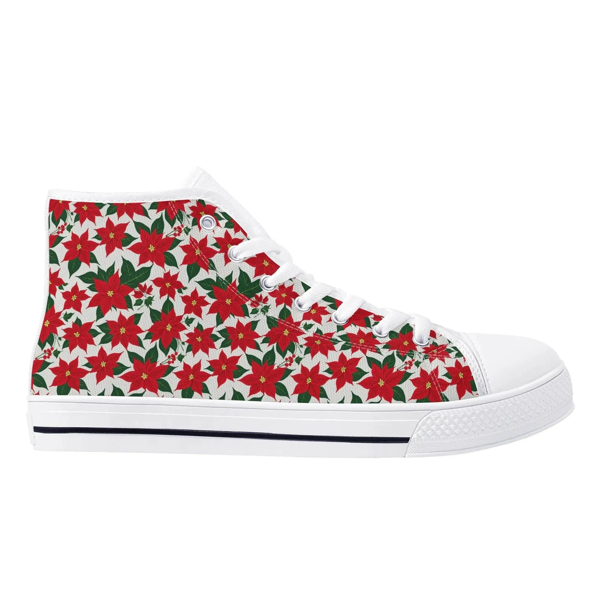Mens Rubber High Top Floral Poinsettia Canvas Shoes