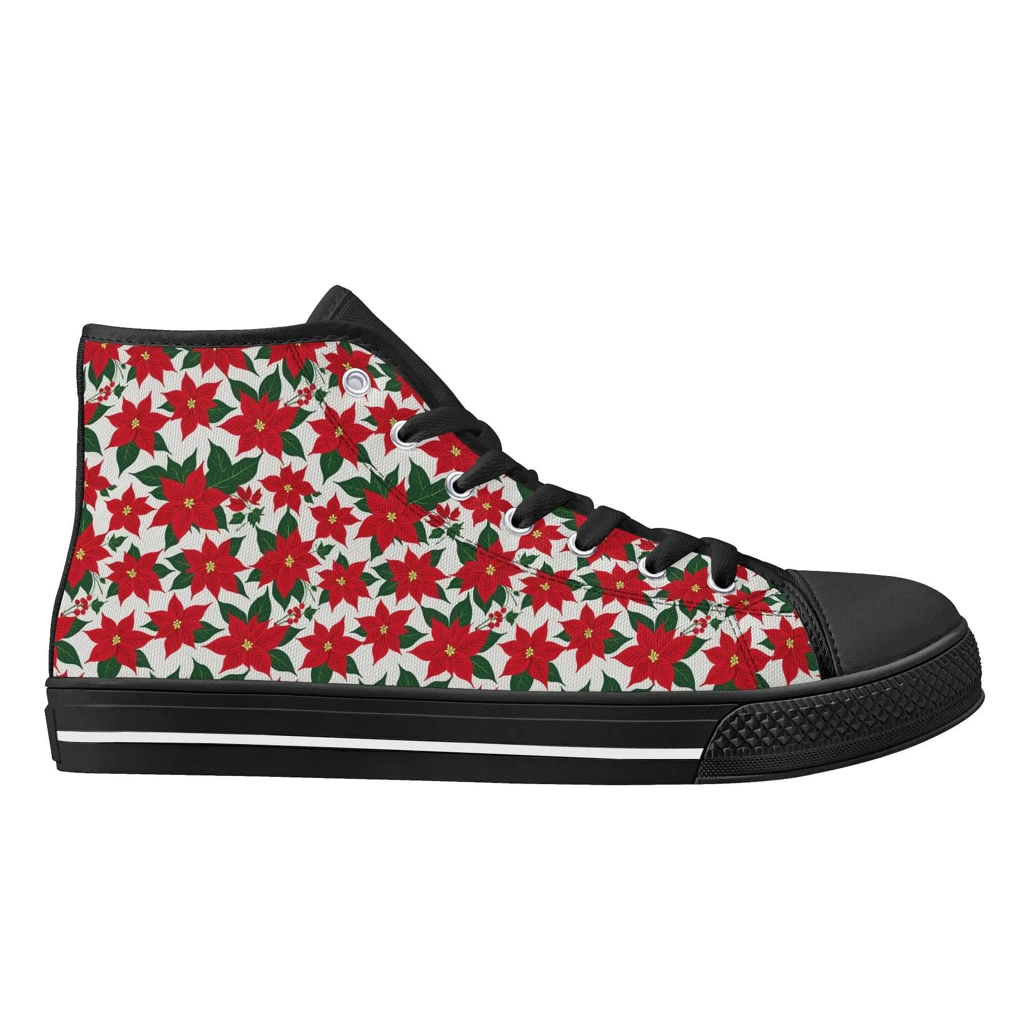 Mens Rubber High Top Floral Poinsettia Canvas Shoes