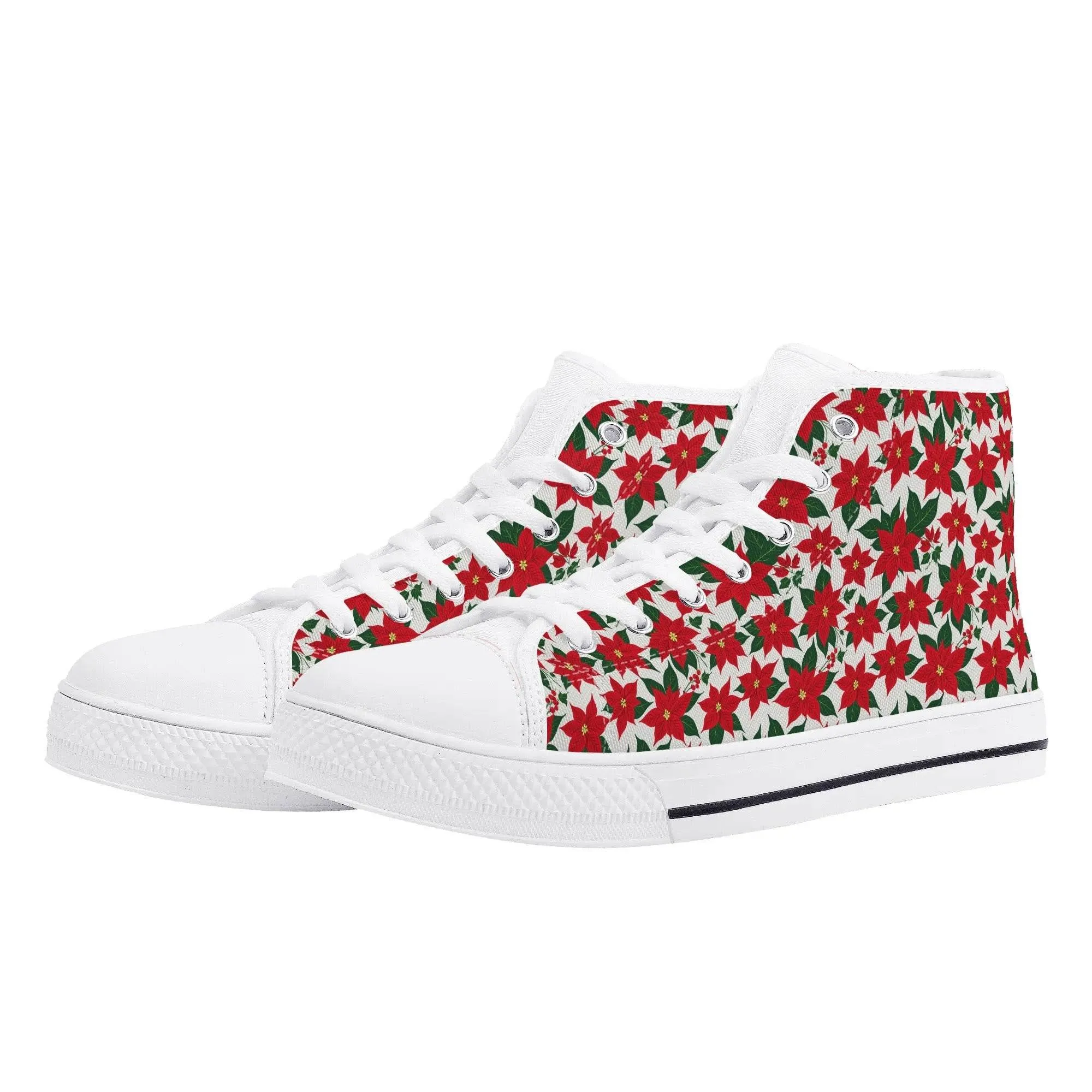 Mens Rubber High Top Floral Poinsettia Canvas Shoes