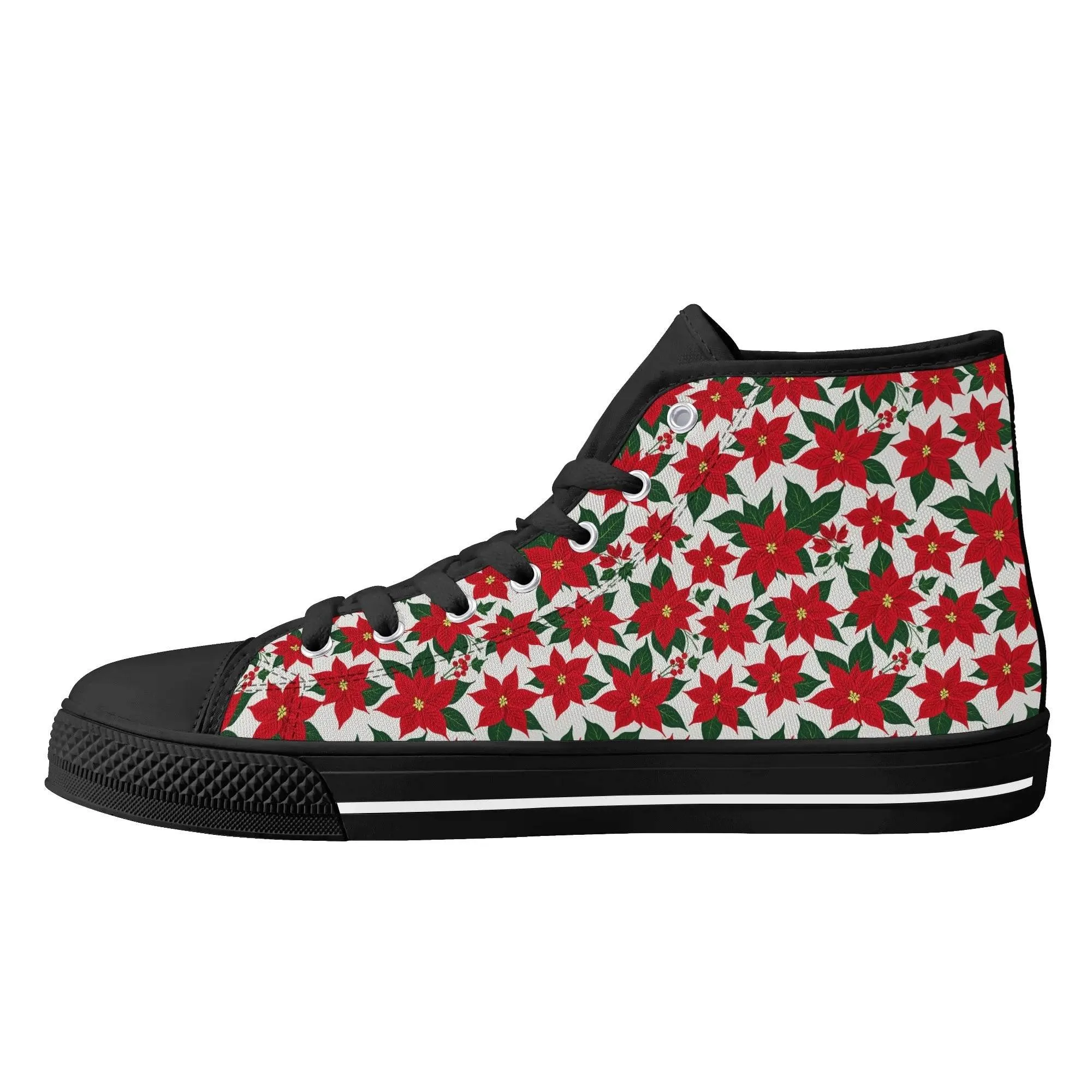 Mens Rubber High Top Floral Poinsettia Canvas Shoes