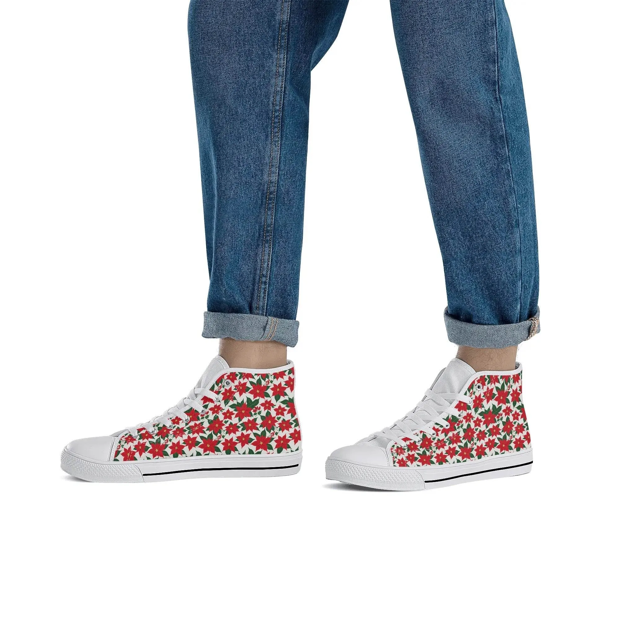 Mens Rubber High Top Floral Poinsettia Canvas Shoes