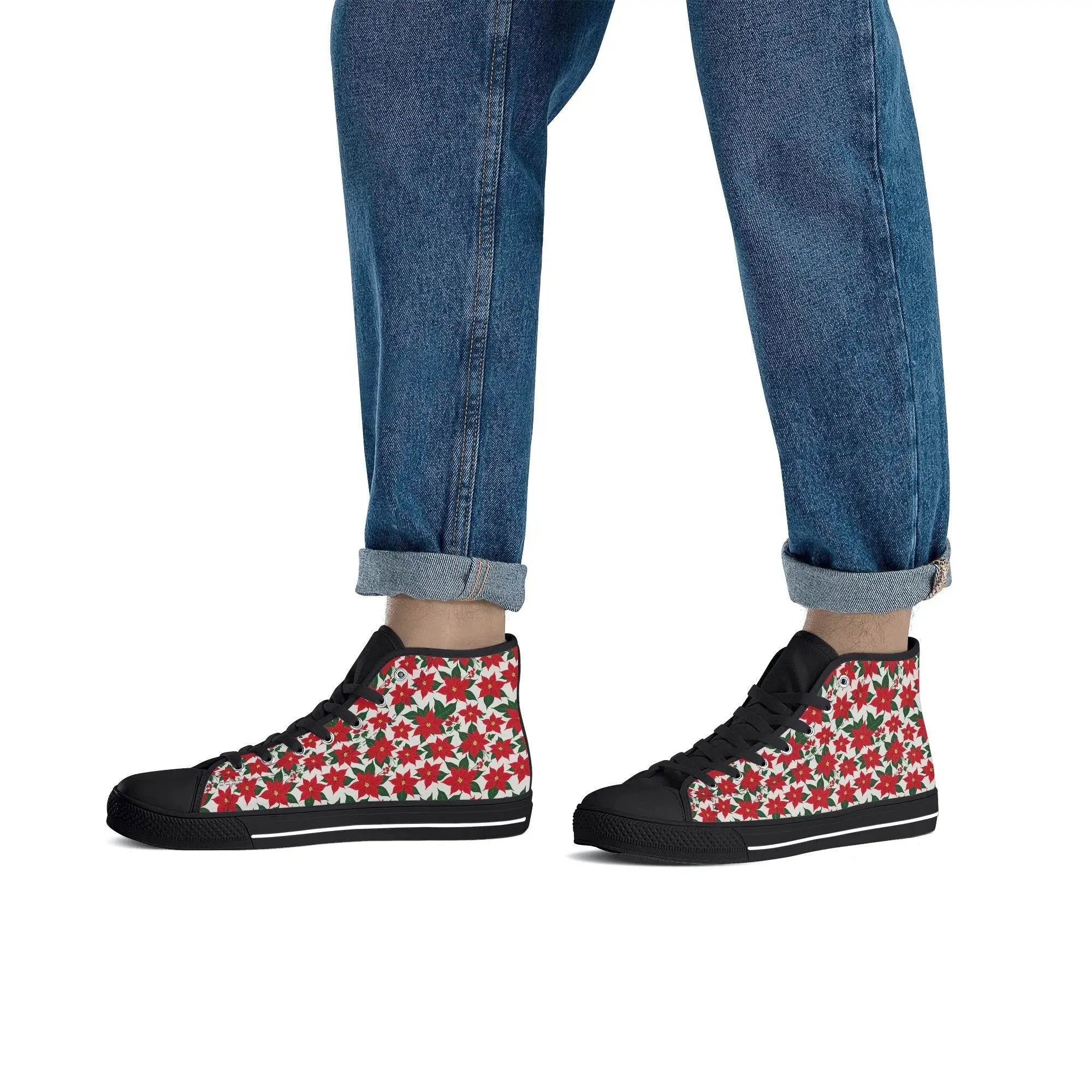 Mens Rubber High Top Floral Poinsettia Canvas Shoes