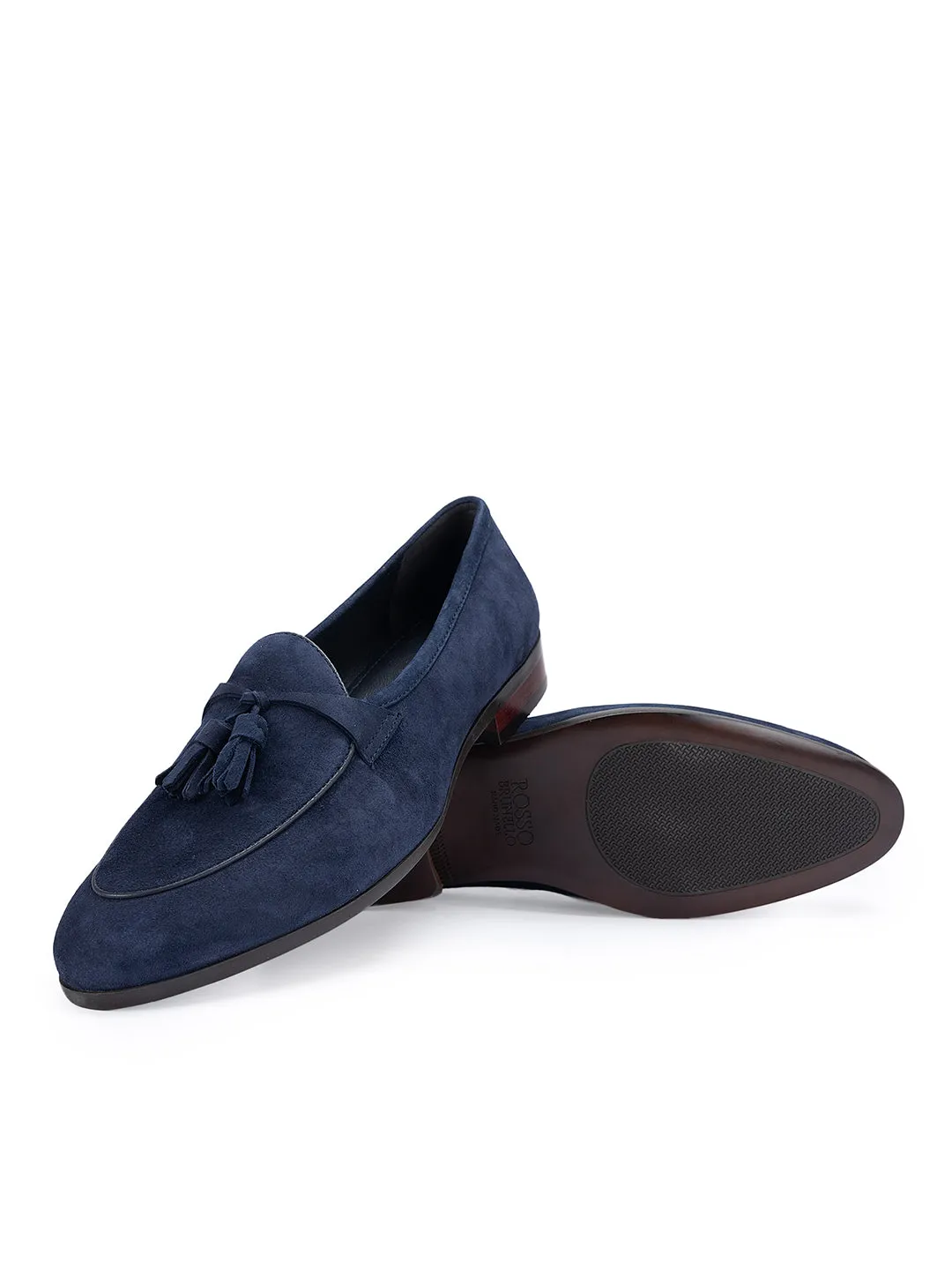 Navy Suede Loafers With Tassels