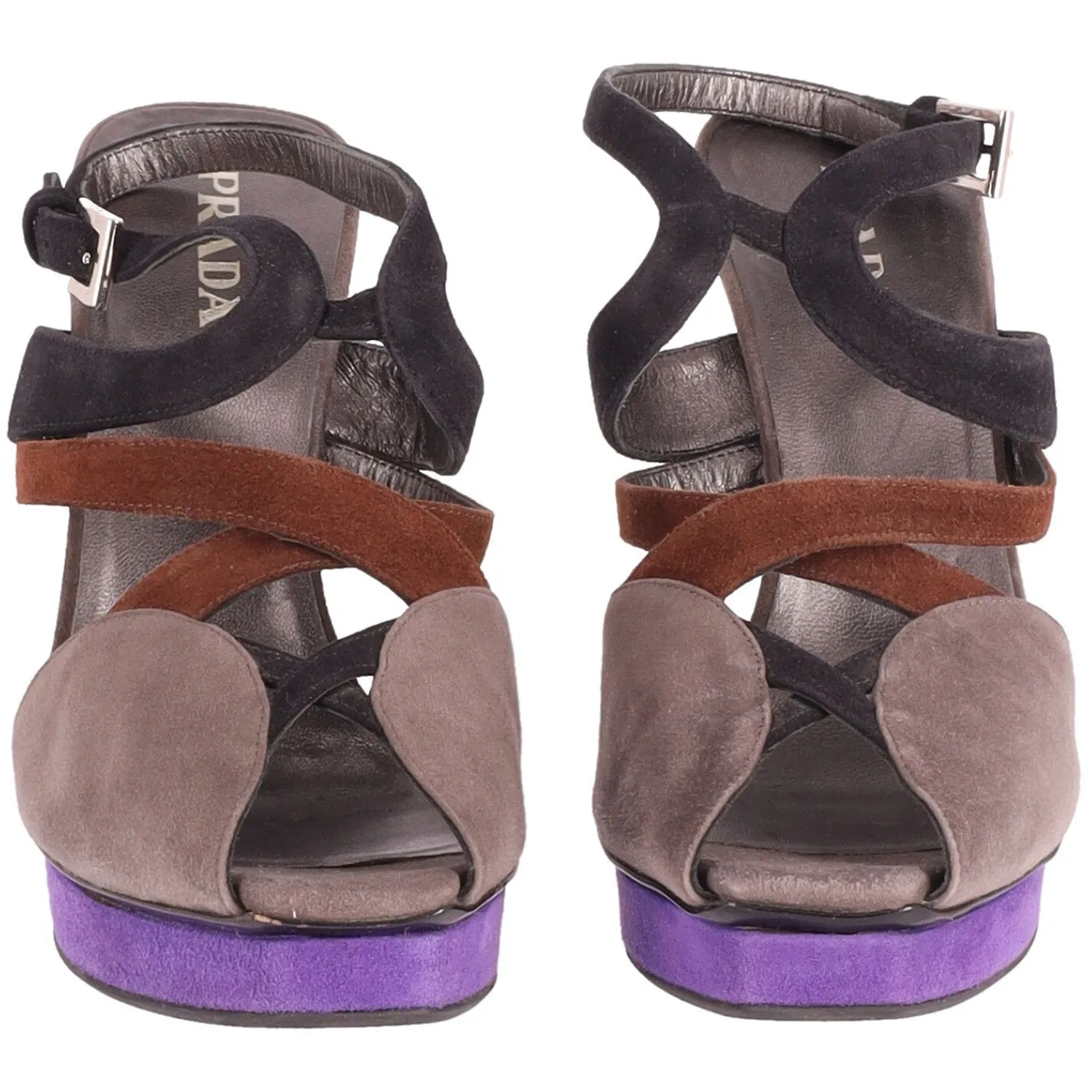 Prada Color Block Strappy High Heel Sandals in Multicolor Suede
