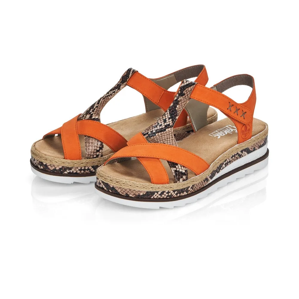 Rieker Womens Fashion Strappy Sandal - Orange / Snake
