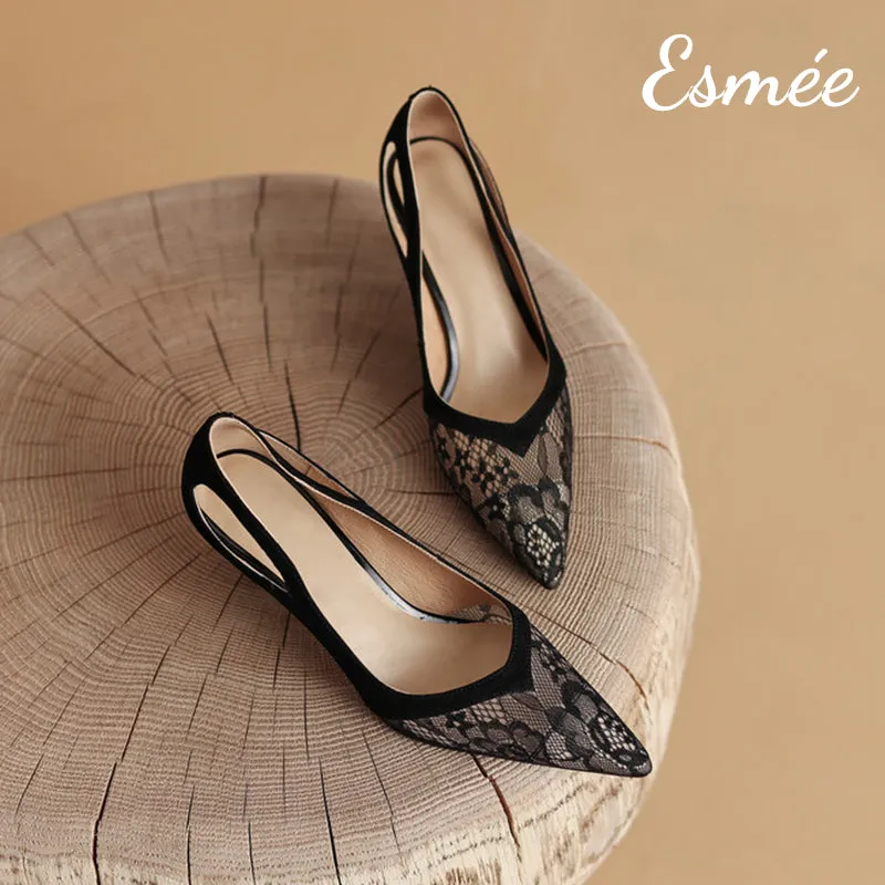 Suede High Heels with Lace Design