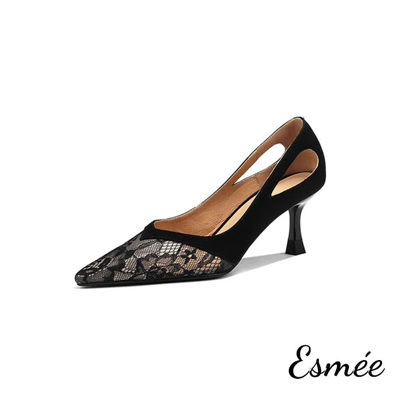 Suede High Heels with Lace Design