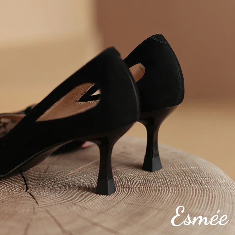 Suede High Heels with Lace Design