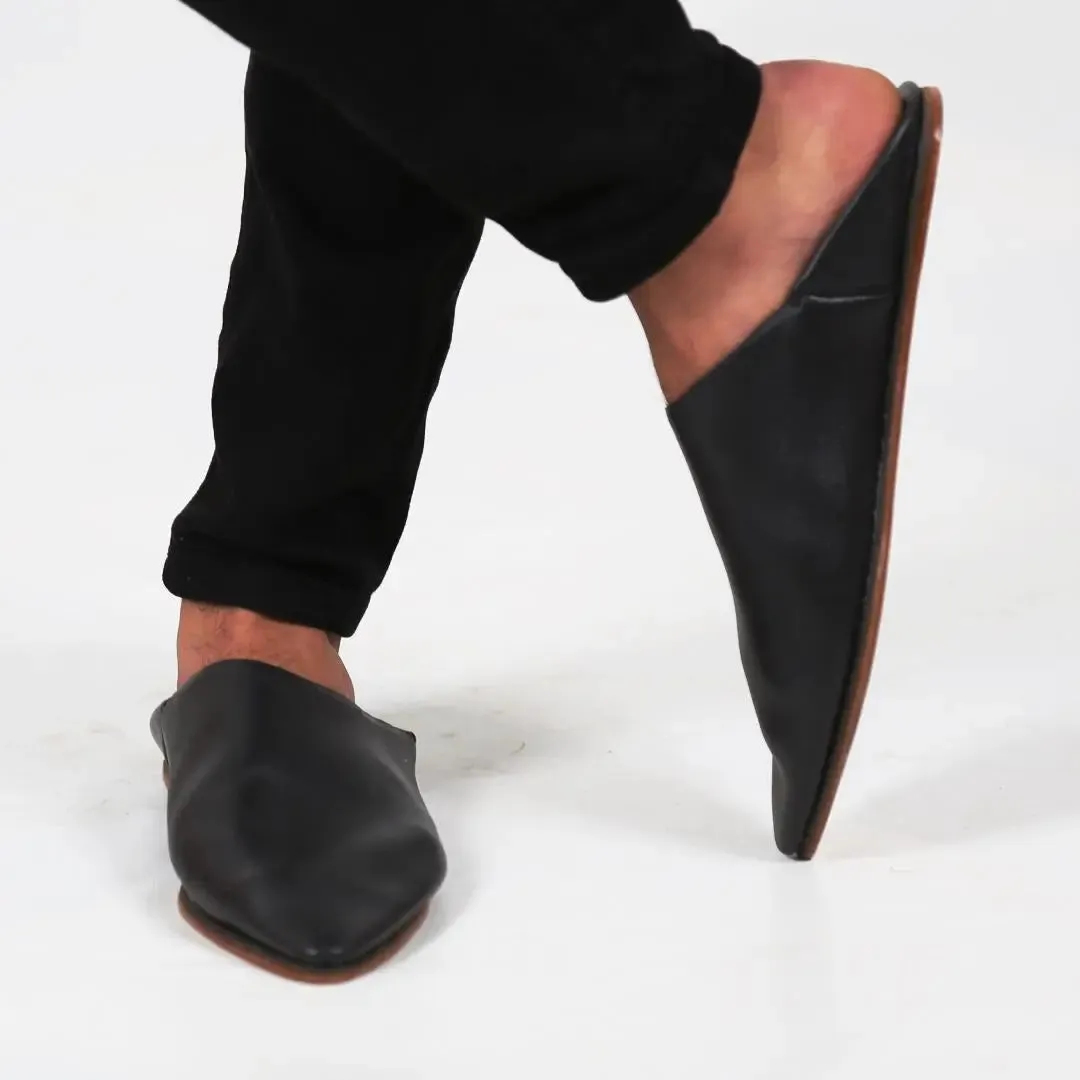 Unisex Handmade Black Leather Slippers