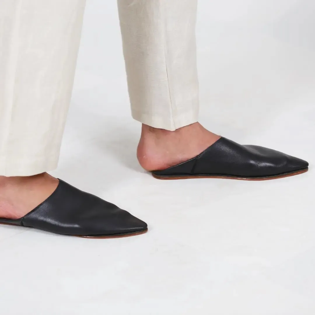 Unisex Handmade Black Leather Slippers